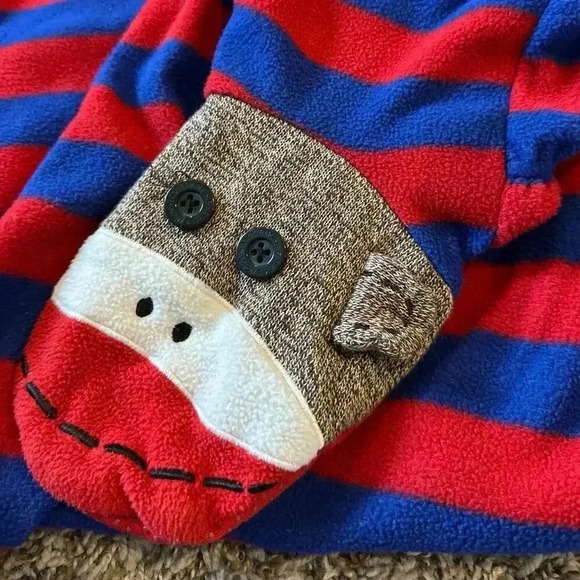 Nick & Nora Blue Red Stripe One Piece Sock Monkey Footie Pajamas Size Medium - Picture 3 of 7